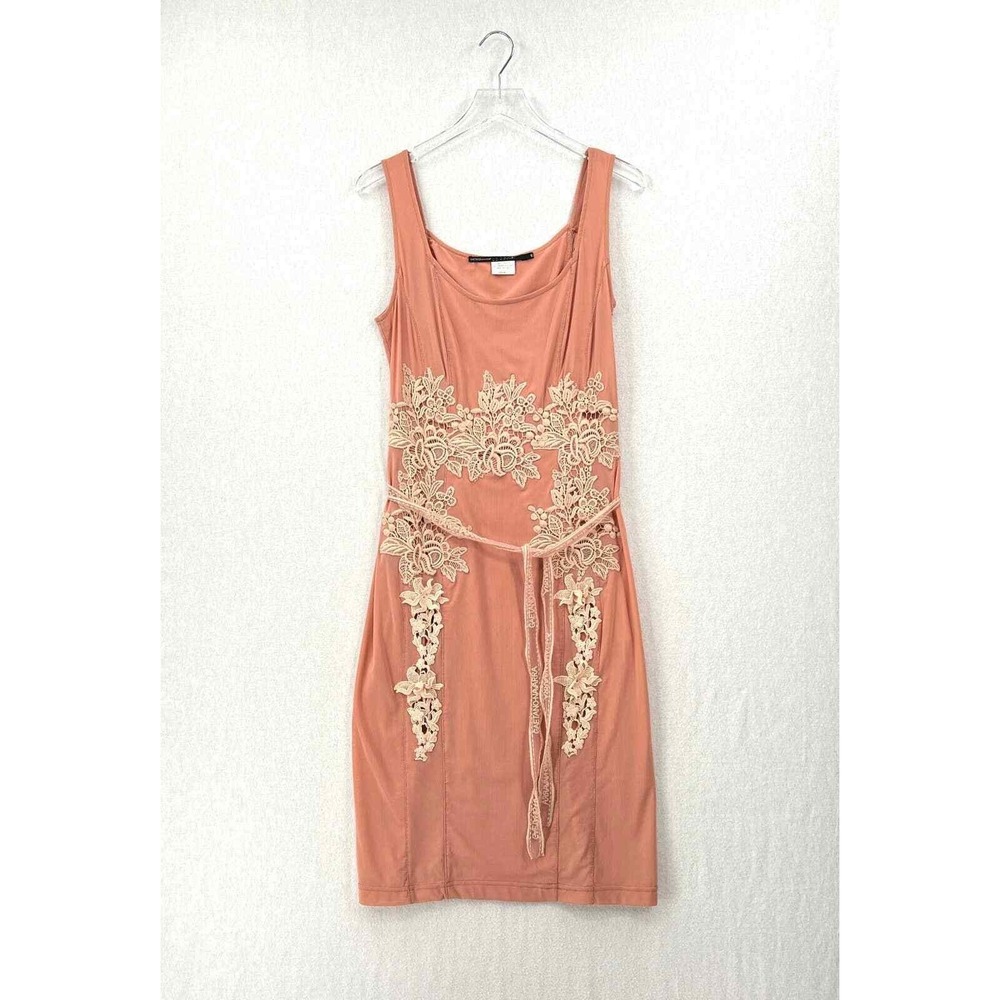 GAETANO NAVARRA Dress Womens 46 M Peach Sleeveless Mesh Tie Waist Midi Sheath